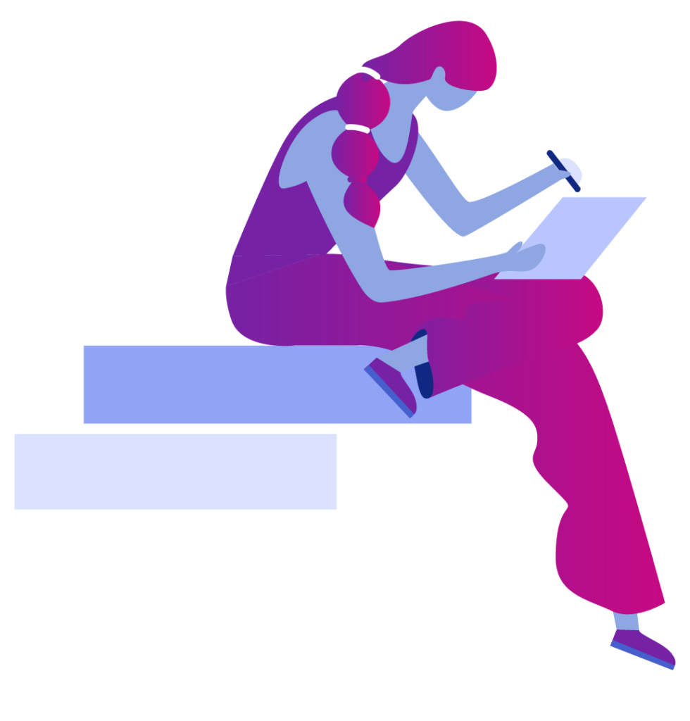 Scribly media graphic of a woman sat down writing