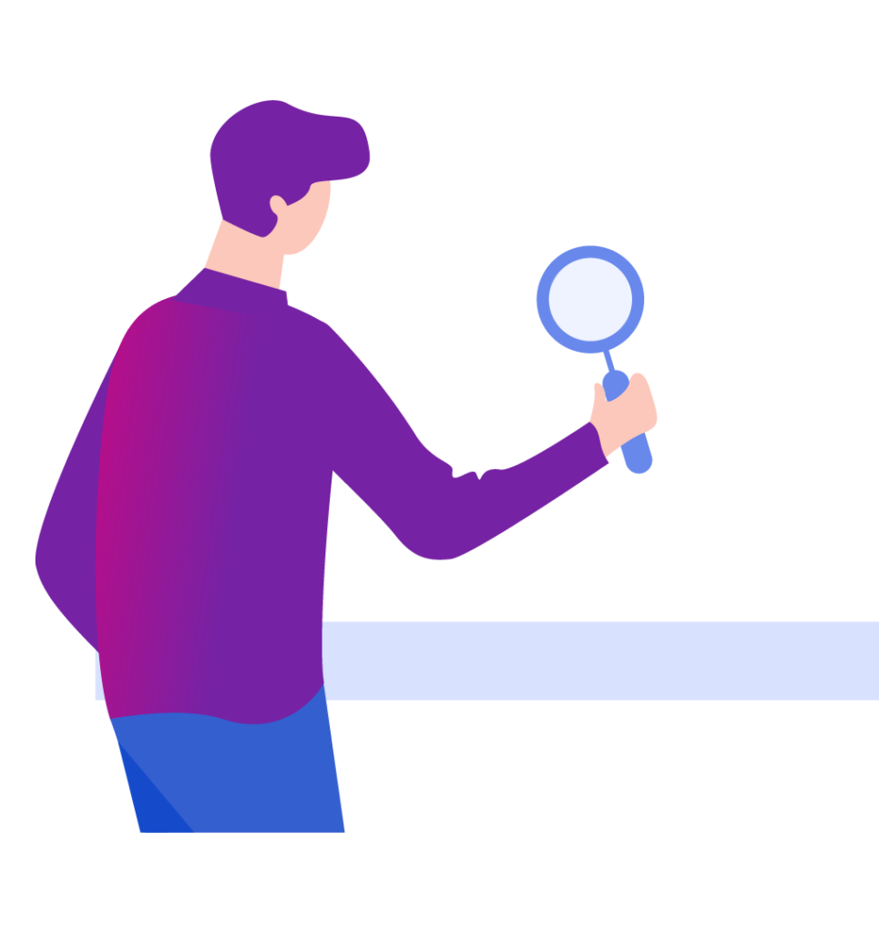 Scribly media graphic of a man inspecting something closely with a magnifying glass